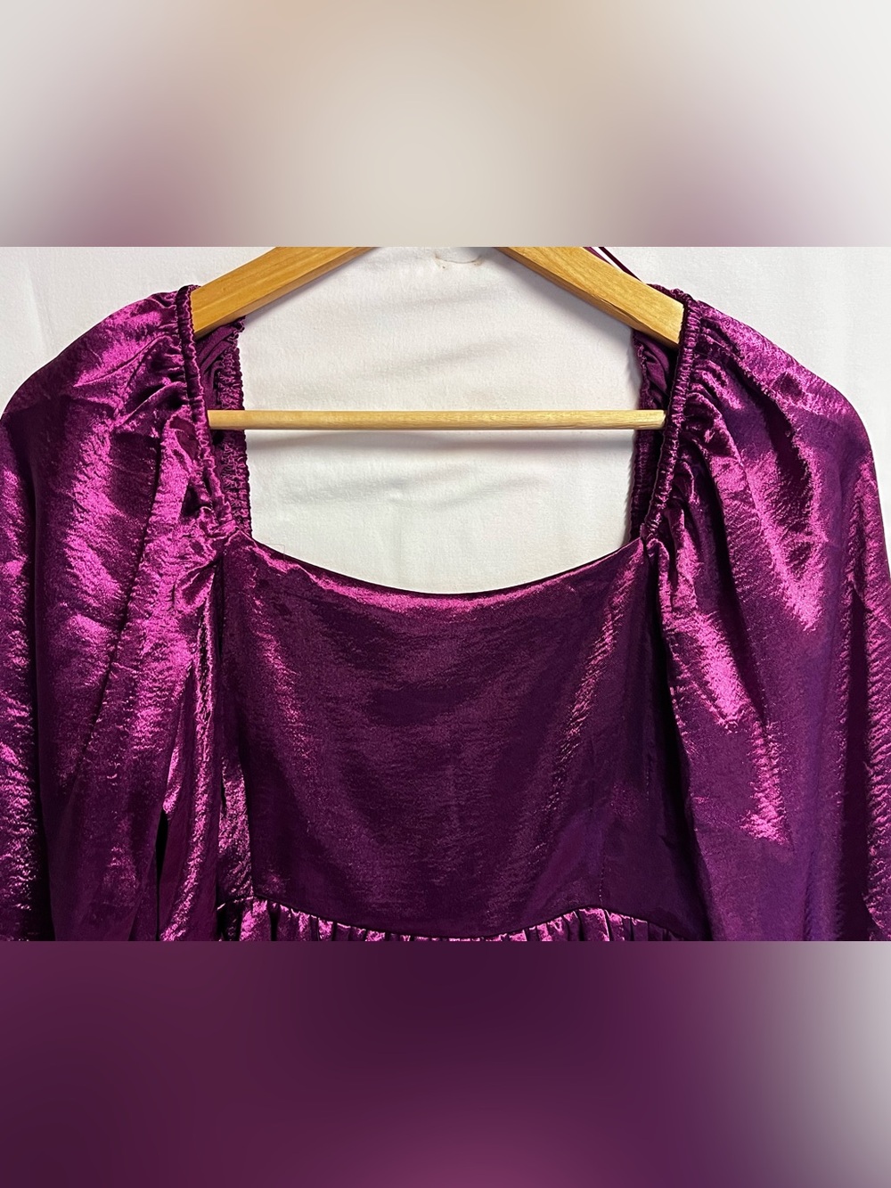 Entro Magenta Metallic Babydoll Mini Dress Size Medium‎ Puff Sleeve Party Glam - Picture 5 of 10